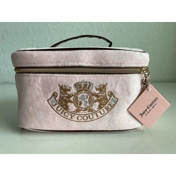 JUICY COUTURE Makeup Bag Travel Cosmetic Train Case Pink Velour Scottie Crown - Picture 1 of 11